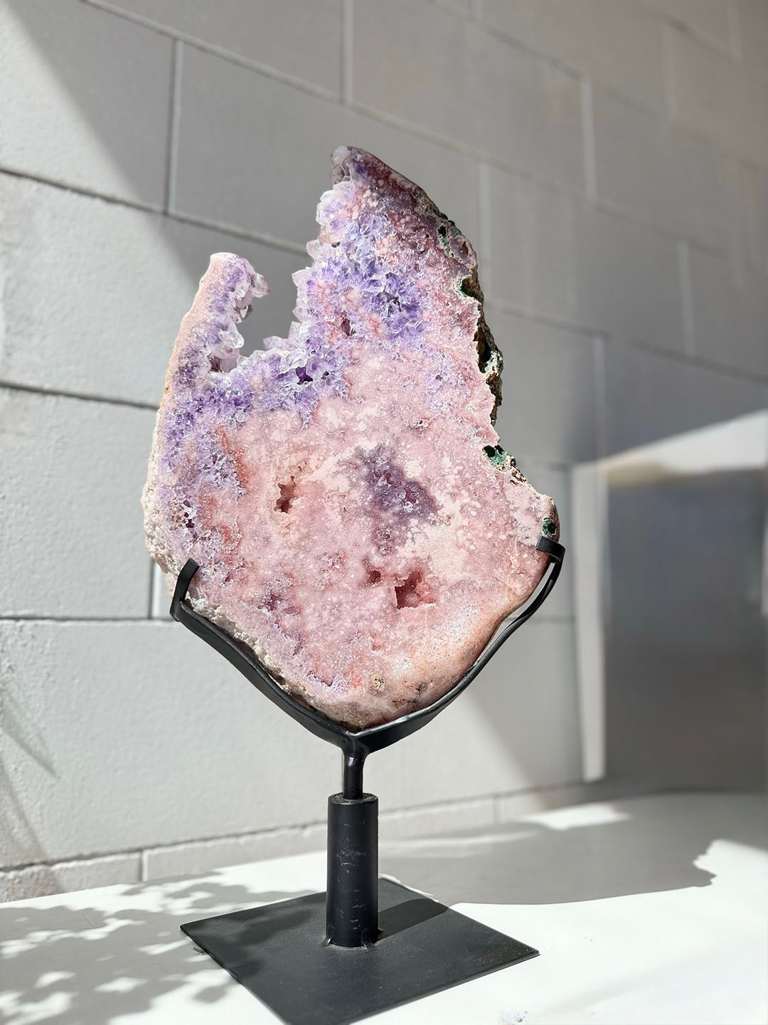 Large Pink with Purple Amethyst Slab on Stand